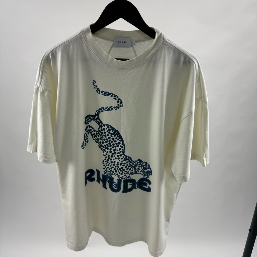 Rhude Off-White T-Shirt with Blue Leopard Graphic